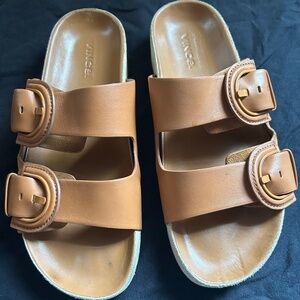 Vince. "Glyn" Tan Leather/Suede Double Buckle Slide Sandals Ret $250